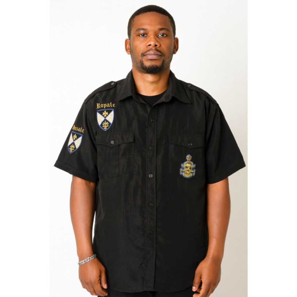 Men's Royale Black Gold Embroidered Casual Button Down Shirt XL